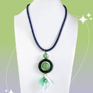 Navy & Emerald Green Real Enamel Medallion Pendant Cord Necklace